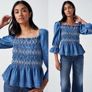 Seventy + Mochi Sally 3/4 Sleeve Square Neck Top Blue Rodeo Vintage-Size 6-NWT